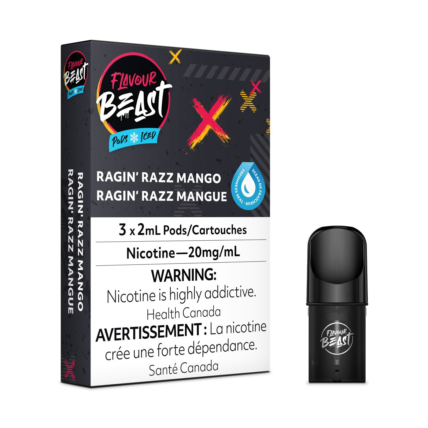 RAGIN' RAZZ MANGO ICED FLAVOUR BEAST POD PACK box